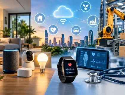 Internet of Things examples shown across home, health, and industry