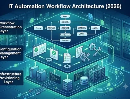 Diagram showing IT automation workflow across provisioning, configuration, and orchestration layers
