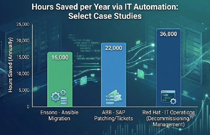 Bar chart of hours saved from Ensono, ABB, and Red Hat automation case studies