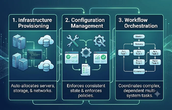 Three core functions of IT automation: provisioning, configuration management, orchestration