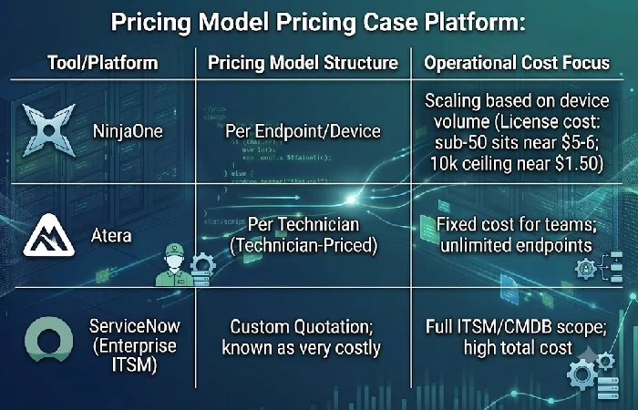 Pricing model comparison table for NinjaOne, Atera, and ServiceNow automation tools