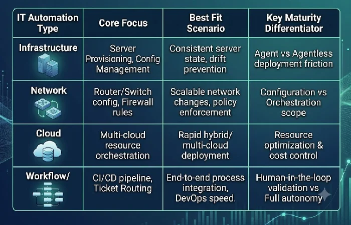 Comparison chart of infrastructure, network, cloud, and workflow automation types