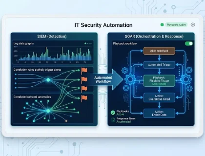 IT security automation dashboard showing SIEM and SOAR workflow
