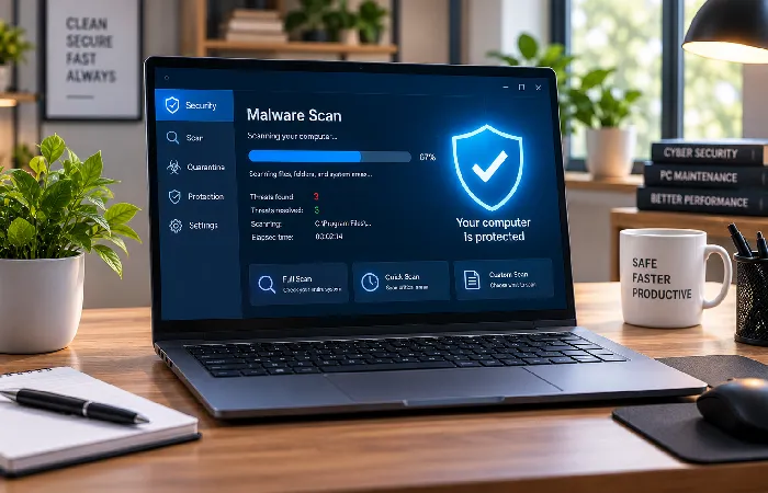 Security scan identifying malware that slows computer performance