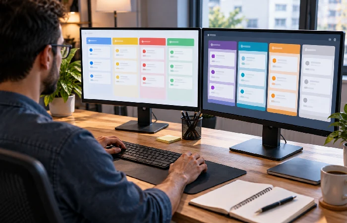 Freelancer comparing separate project boards for different clients side by side
