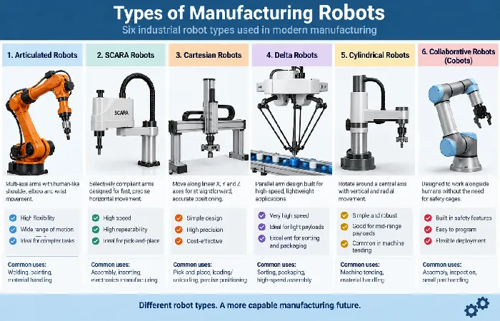 Six industrial robot types: articulated, SCARA, cartesian, delta