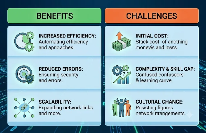 Side-by-side table comparing network automation benefits against implementation challenges