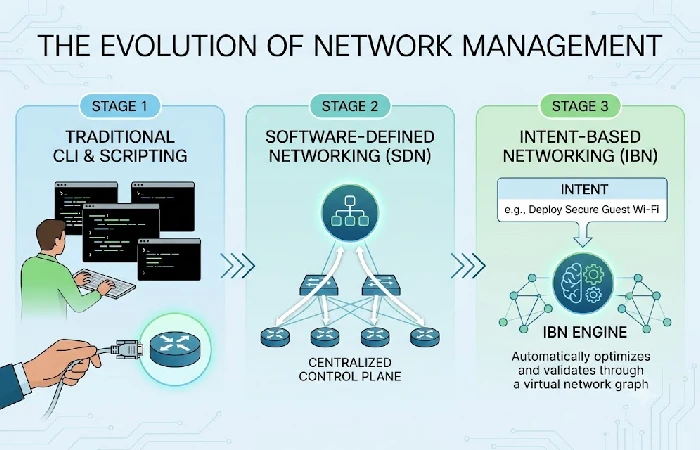 Three-layer diagram: scripted automation, SDN, and intent-based networking