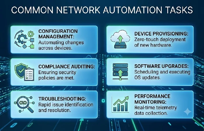 List graphic of five common network automation tasks including provisioning and monitoring