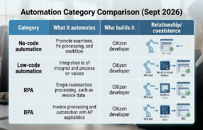 No-code, low-code, RPA, and BPA compared side by side