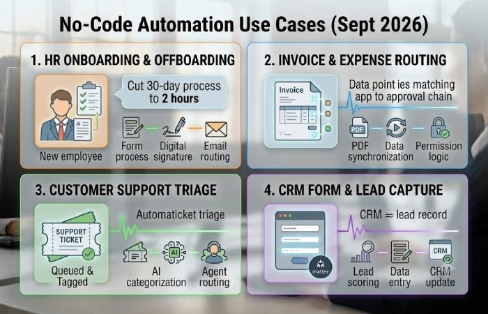 Icon grid of onboarding, invoicing, support, and CRM automation