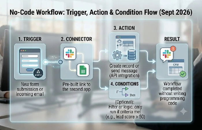 Trigger, connector, action, and condition flow diagram