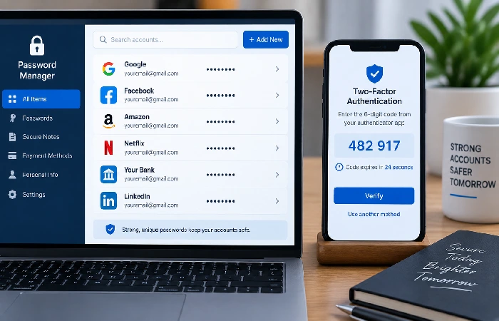 Password manager screen next to a two-factor authentication code prompt