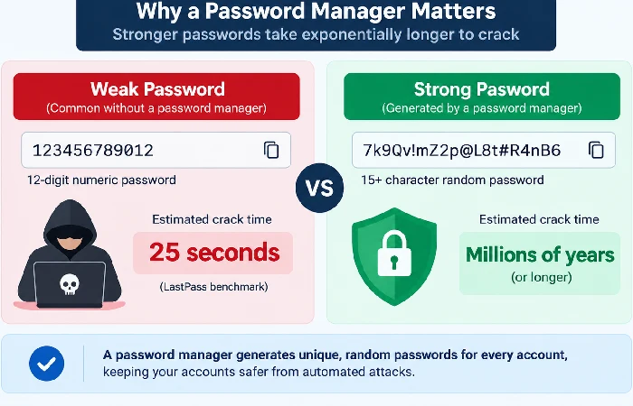 Comparison of crack time for weak vs strong passwords