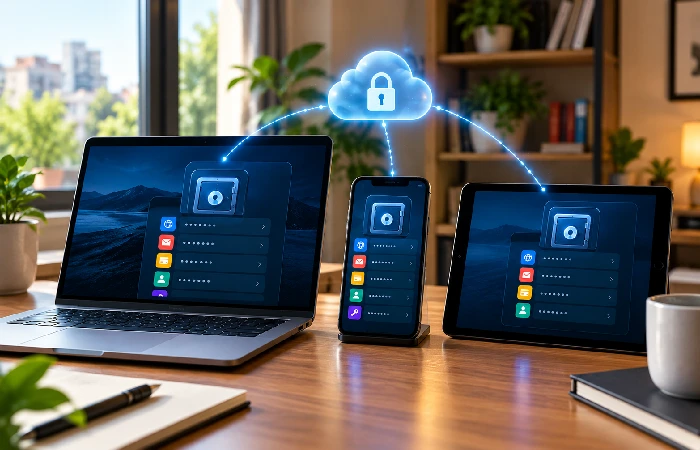Password manager syncing encrypted passwords across laptop, phone and tablet