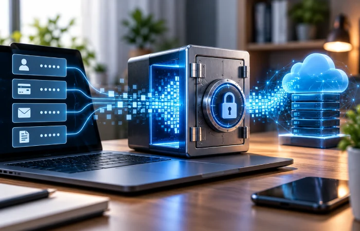 Password manager encryption protecting credentials inside a secure vault