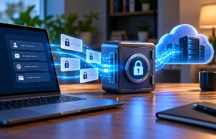 Password manager encryption protecting credentials inside a secure vault