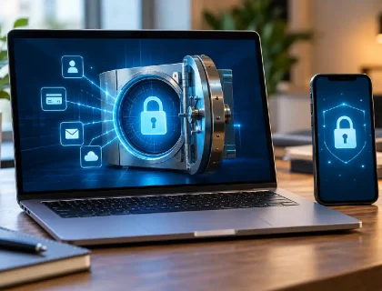 Password manager protecting login credentials in a secure digital vault