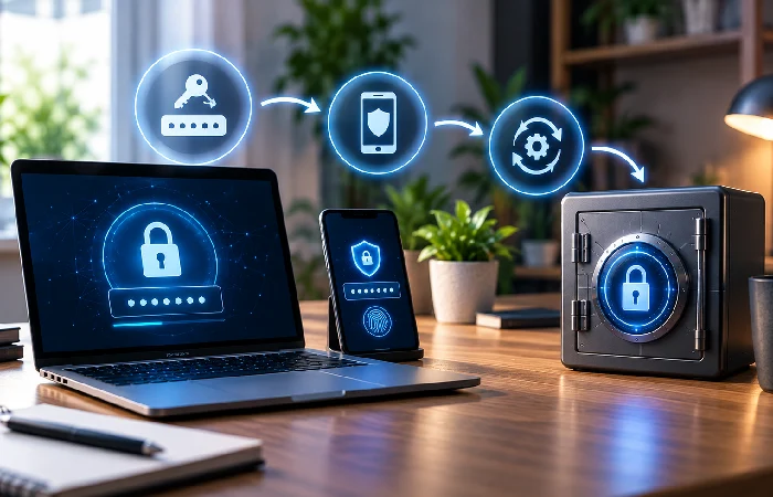 Password manager security steps including MFA, updates and strong master password