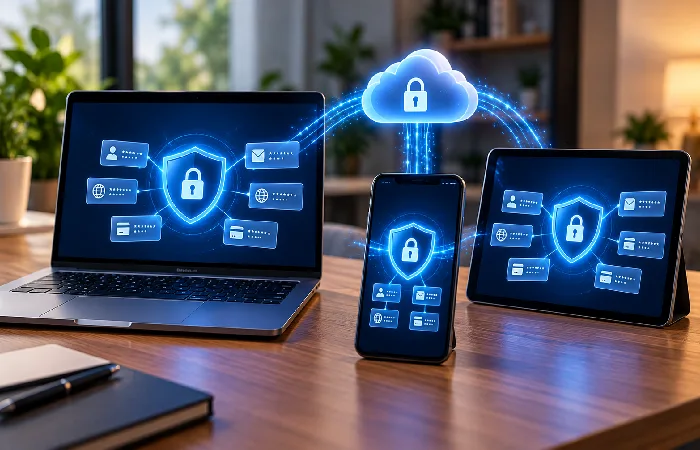 Password manager syncing an encrypted vault across a laptop and smartphone
