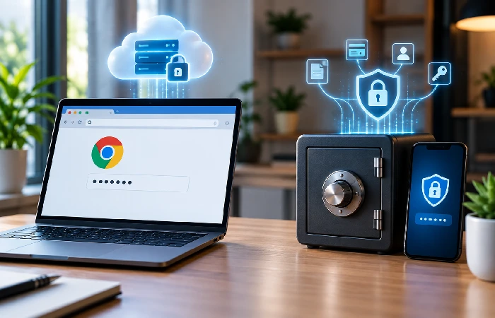 Password manager vs browser security showing separate encrypted vault and browser storage