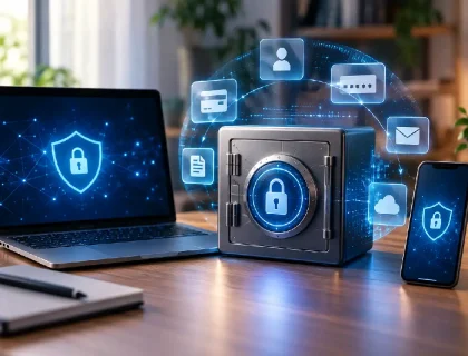 Password manager security with encrypted vault and protected login credentials
