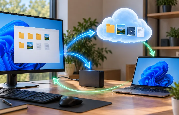 PC backup workflow from selecting files to storing and restoring data