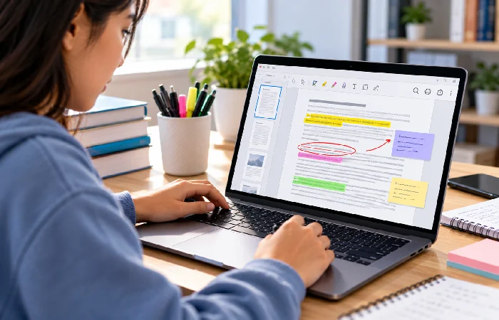 Student highlighting and annotating a PDF