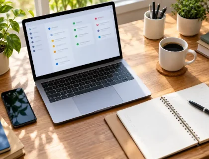 A laptop and notebook on a home desk set up for daily task planning