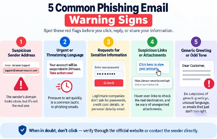 Diagram of five common phishing email warning signs