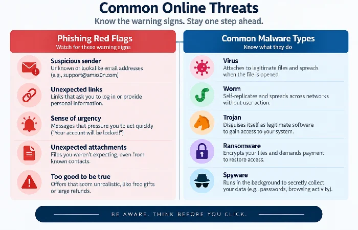 Common phishing red flags and malware types compared