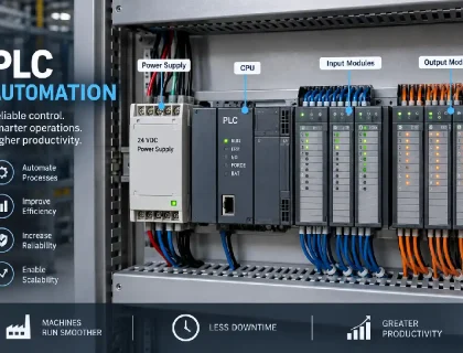 PLC automation diagram showing CPU, power supply, and input/output modules inside an industrial control cabinet
