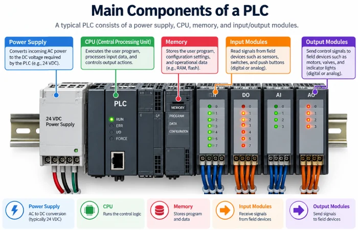 Labeled PLC hardware diagram showing CPU, memory, power supply, and input/output modules