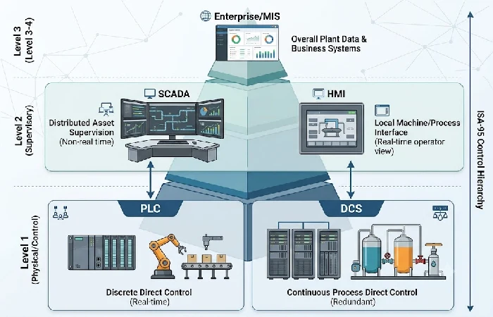 Diagram comparing PLC, DCS, SCADA and HMI control layers