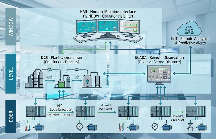 Diagram showing how PLC, DCS, SCADA and HMI systems connect in a plant