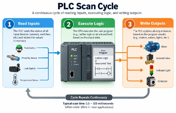 PLC scan cycle diagram showing input read, logic execution, and output write stages
