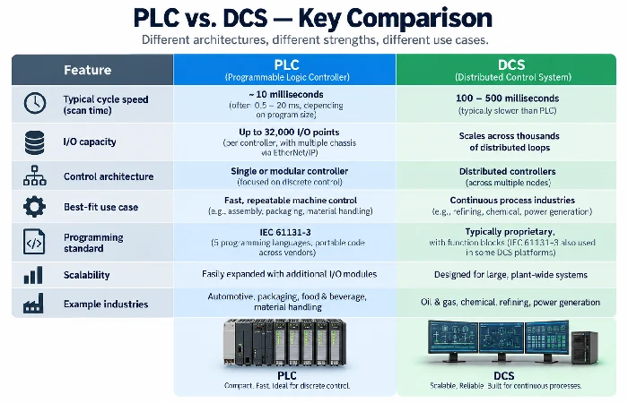Comparison table of PLC versus DCS scan time, I/O capacity, and control architecture