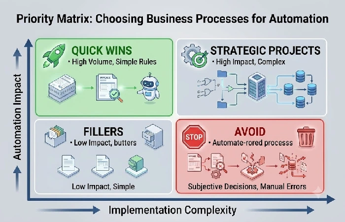Priority matrix for choosing which business processes to automate based on impact and complexity.
