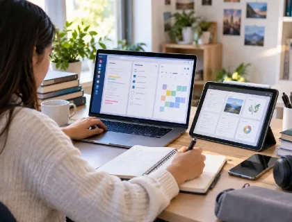 Student using digital productivity software for notes, tasks, and study planning