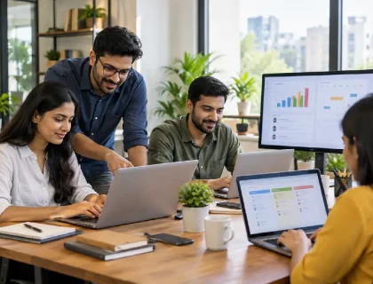 Small business team using productivity software for daily operations
