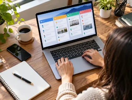 Freelancer reviewing task boards and deadlines on a laptop at a home desk
