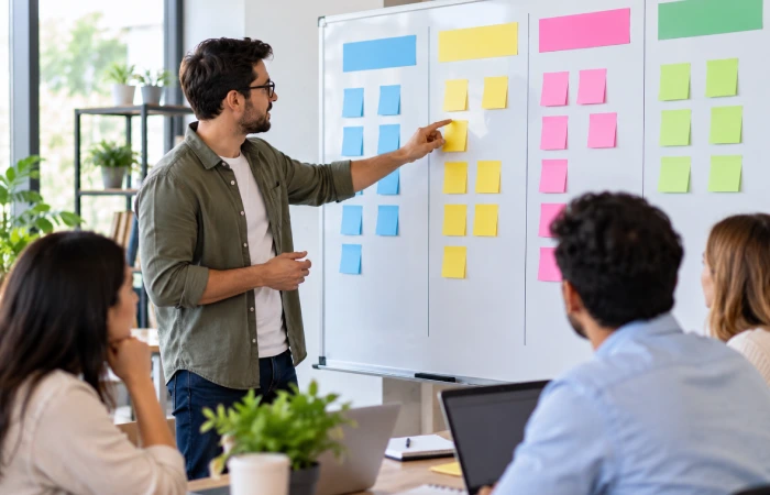 Project manager breaking a task list into milestones with due dates on a whiteboard