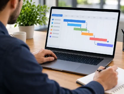 Project manager mapping out a task timeline and dependencies on a laptop screen