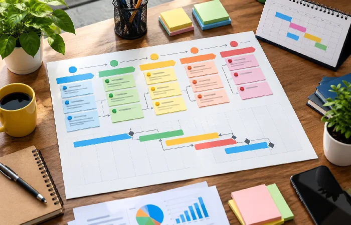 Project planning software workflow showing tasks, milestones, deadlines, and dependencies
