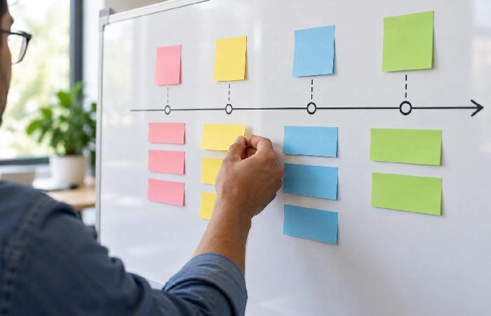 Sticky notes arranged into a timeline showing project tasks and milestone points