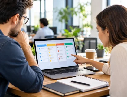 Team members reviewing a shared project timeline and task board on a laptop in a modern office
