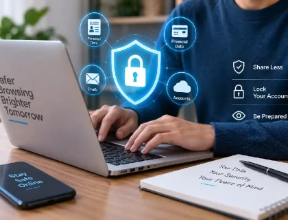 Person securing personal information online with a locked padlock icon over a laptop