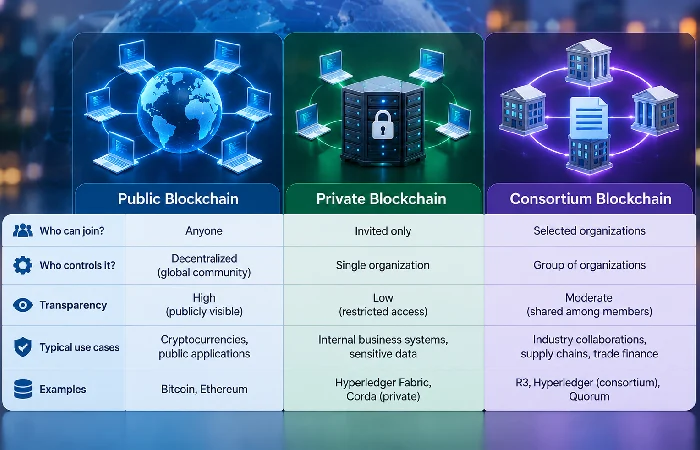 Comparison table of public, private, and consortium blockchain access models