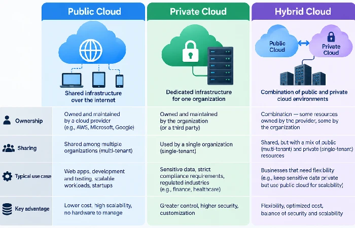 Side-by-side comparison of public cloud, private cloud, and hybrid cloud deployment models