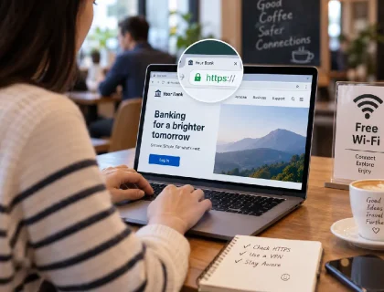 Person checking HTTPS lock icon before using public wifi at a cafe